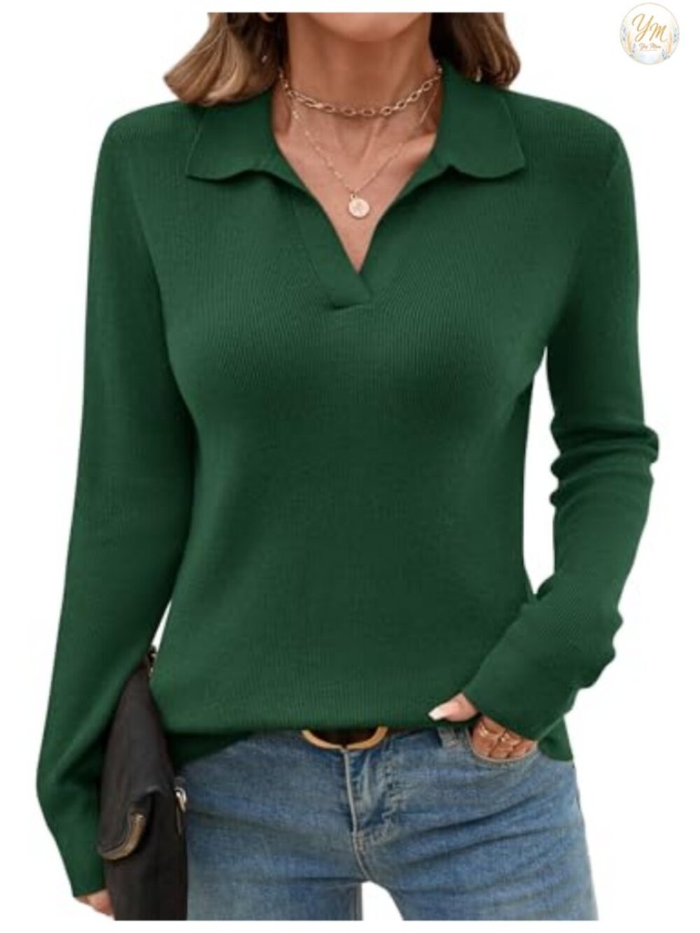 Women's Knitted Collared Sweater Long Sleeve V-Neck Polo Pullover Winter Top